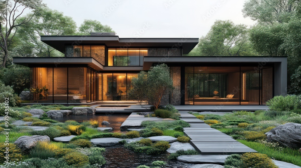 Poster a large house with a large garden in front of it