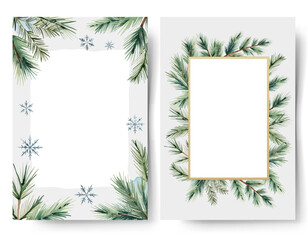 Christmas frames with watercolor fir branches, snowflakes and place for text. Winter New year cards