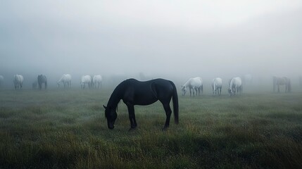 A lone black horse its coat shimmering like obsidian stands apart from a herd of pristine white horses grazing in a serene fog shrouded meadow creating an ethereal otherworldly atmosphere