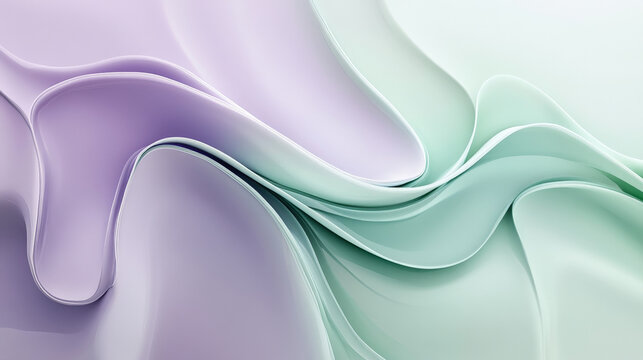 A smooth 3D splash in gradients of soft lavender and mint green, with elegant, flowing shapes radiating outward, creating a calming and modern abstract background.