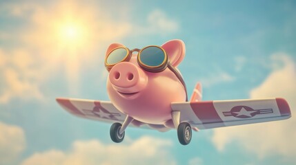 A 3D piggy bank in aviator glasses soaring in a plane through a sunny blue sky, representing wealth growth and financial ambitions.