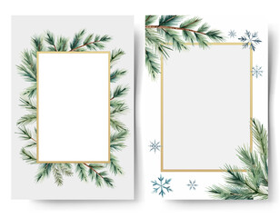 Christmas frames with watercolor fir branches, snowflakes and place for text. Winter New year posters