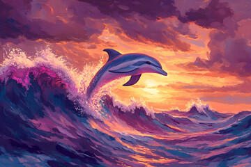 Dolphin in fuchsia waves under a magenta sunset



