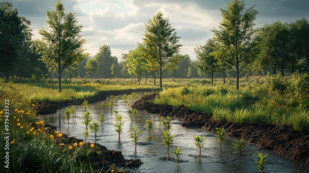 Poster A river with a path of trees and grass