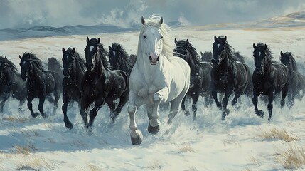 Fototapeta premium A white horse leads a herd of black horses 