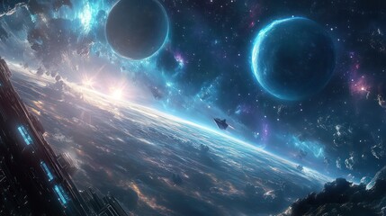 Obraz premium Unveil a futuristic vision with a sci-fi themed wallpaper. Create an imaginative scene with advanced technology, alien landscapes, and cosmic phenomena for a desktop thatâ€™s truly out of this world.