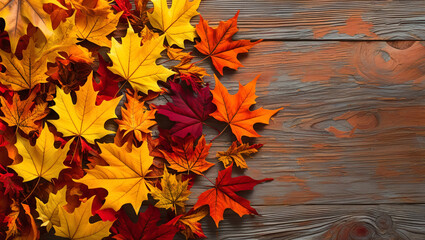 Square autumn background featuring fall leaves a flat lay with copyspace on a wooden surface flat lay
