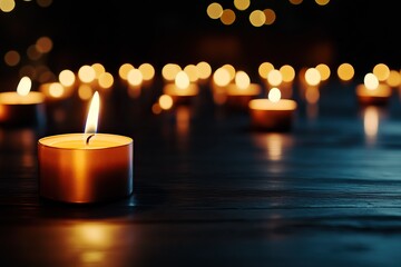 Glistening candles create a warm ambiance, illuminating a serene space with their gentle glow and inviting charm.