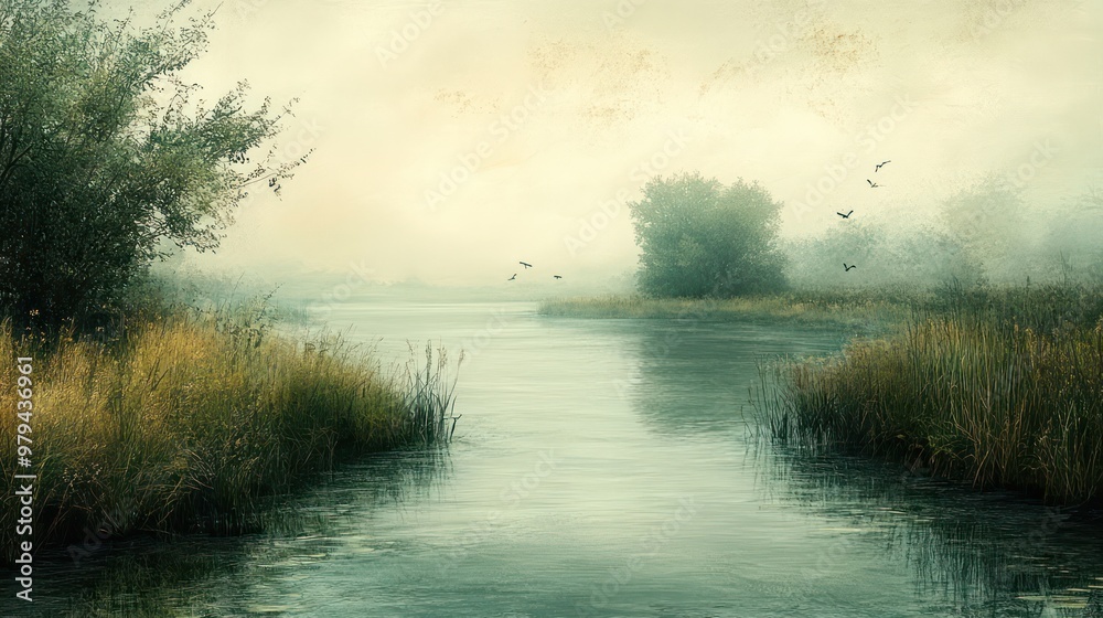 Poster a painting of a river with a tree in the background