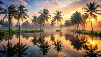 misty oases palm trees serene tranquility peaceful retreat