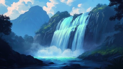 Enchanted Waterfall, a vibrant cascade with shimmering waters and ethereal mist, creates a magical atmosphere ideal for fantasy-themed environments and storytelling.