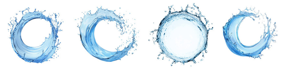 Dynamic water splashes in various circular shapes with a transparent PNG background showcasing fluid motion and texture