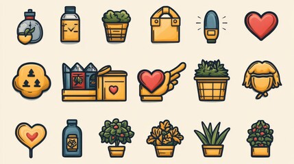 Colorful set of garden and love icons including plants, hearts, and gardening tools on a beige background. Ideal for web and print designs.