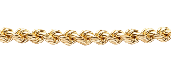 Elegant gold rope chain displayed on a transparent background showcasing its intricate twisted design and radiant shine