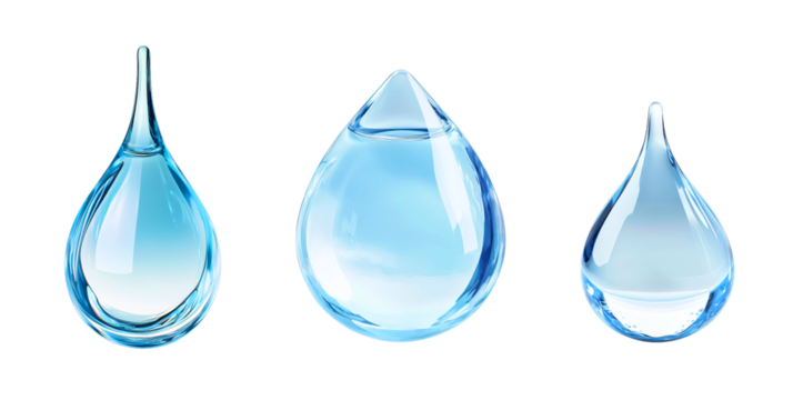 Various transparent water droplets in a clean, minimalistic design against a white background showcasing their unique shapes and sizes