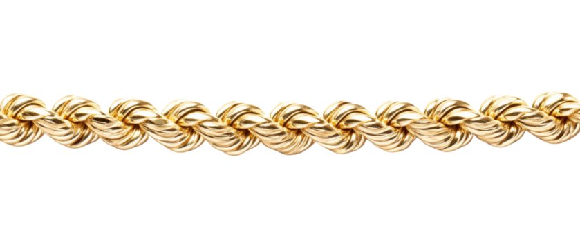 Elegant gold rope chain displayed on a transparent background showcasing its intricate twisted design and radiant shine