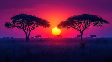 A sunset over a savanna with two trees and a herd of zebras