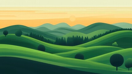 Fototapeta premium Serene Green Hillscape, a tranquil landscape featuring rolling green hills under a clear sky, inviting a sense of peace and harmony in a vibrant flat design style