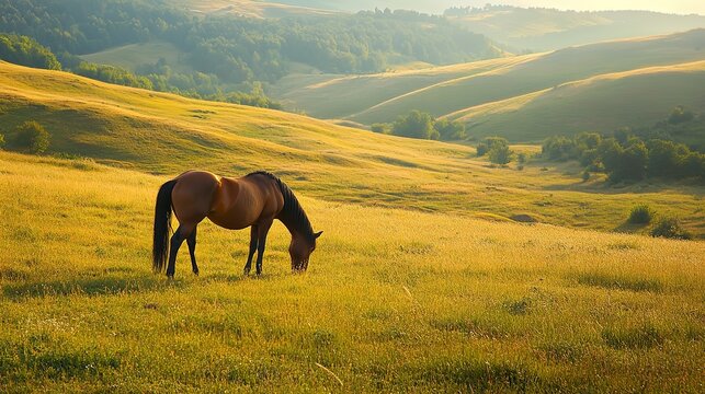 A graceful horse grazing in a picturesque meadow, with rolling hills and trees in the background, with ample copy space, no text