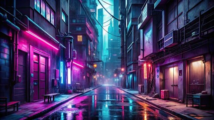 edgy bold futuristic neon-lit cityscape dark alleyway web design concept gritty urban atmosphere intense dramatic moody low-key lighting
