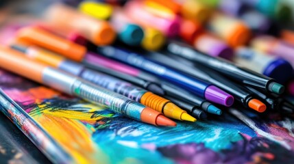 Detailed view of colorful pens and markers scattered on a sketchbook, with a variety of vibrant colors and artistic tools