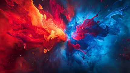 A vibrant 3D splash of fiery red and electric blue, with dynamic, fluid forms bursting outward, creating a dramatic and energetic abstract background with vivid colors.