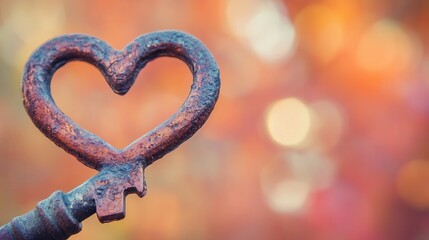 Obraz premium Heart-shaped vintage key with rust patina, surrounded by a dreamy bokeh backdrop, creating a whimsical atmosphere perfect for romantic themes and nostalgic moments.