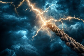 A dramatic scene featuring a rope against a stormy sky filled with lightning. The composition evokes power and tension. Perfect for creative projects. Generative AI