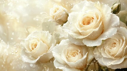 A stunning display of delicate white roses with shimmering droplets, embodying purity and beauty in soft, dreamy light.