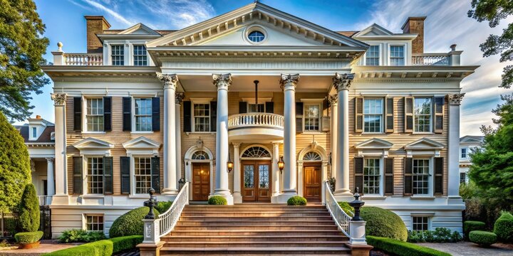 Elegant Greek Revival columns stately entrance grand porch majestic staircase ornate wooden details symmetrical facade traditional New England architecture refined luxury