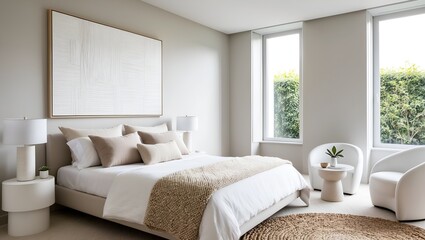 Fototapeta premium Modern, minimalist bedroom with a neutral color palette. The room features a neatly made bed with white linens, beige and cream pillows, and a textured beige throw blanket.