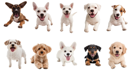 various dog breeds in playful poses on transparent background