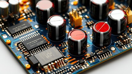 Compact wireless audio circuit board, shot in close-up with visible components, sharply contrasted against a white isolated background.