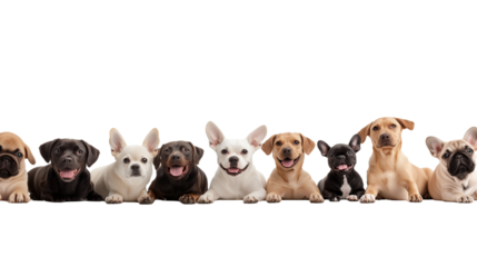 various dog breeds in playful poses on transparent background