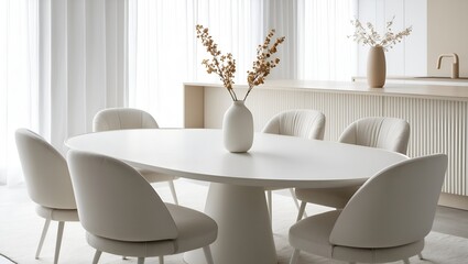 modern, minimalist dining area with a soft, neutral color palette. The layout features an oval-shaped white dining table surrounded by six plush, white upholstered chairs