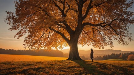 Lonely silhouette figure under a tree against the background of a bright autumn landscape. Warm colors of sunset.
