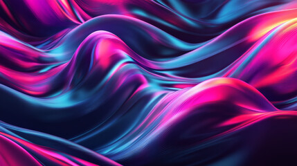 A vibrant 3D wave pattern in neon colors, with bold, fluid shapes flowing across a dark background, creating a dynamic and energetic abstract composition.