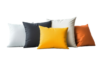 black, white, yellow and orange decorative pillows on transparent background