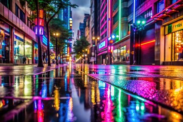 Obraz premium vibrant night urban streetscape with neon logo signage reflected in wet pavement