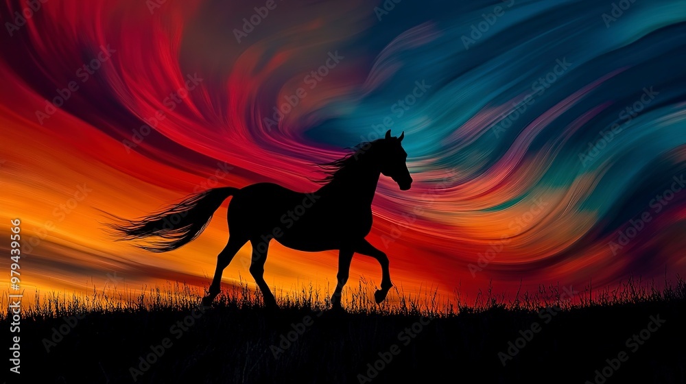 Wall mural Silhouette of Horse against Swirling Colorful Sky at Sunset 