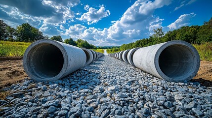 Concrete drainage pipes lined up on gravel under bright sky