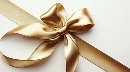 Fototapeta premium Gold satin ribbon tied into a decorative bow on a white background