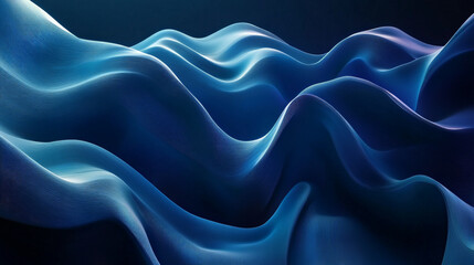 Obraz premium Abstract 3D waves in a deep blue gradient, flowing smoothly across a dark background with subtle highlights and shadows creating depth and a sense of motion.