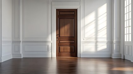 Obraz premium An elegant brown wooden door set against pure white walls in a minimalist interior with hardwood flooring, highlighted by soft ambient lighting and architectural details.