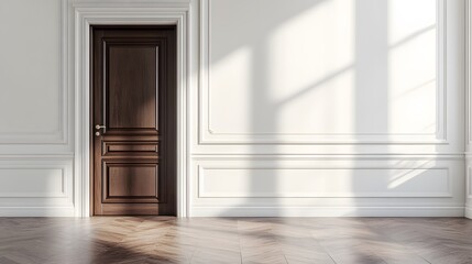 Fototapeta premium An elegant brown wooden door set against pure white walls in a minimalist interior with hardwood flooring, highlighted by soft ambient lighting and architectural details.