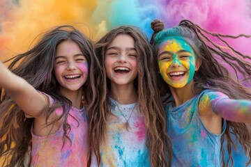Fototapeta premium Three young women with colorful confetti on their faces, laughing and enjoying a festive moment in a vibrant outdoor setting, celebrating life and friendship.