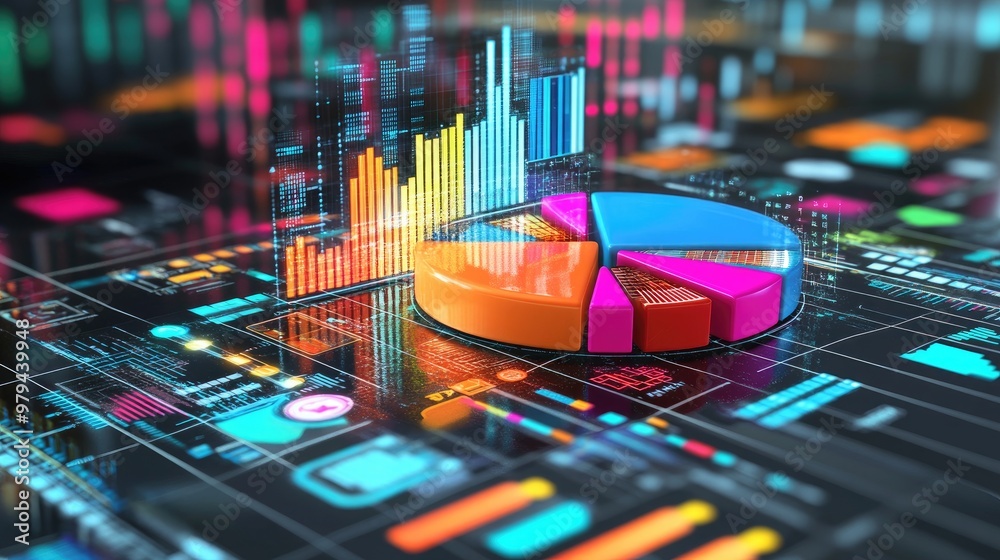 Poster exploded 3d pie chart with each segment hovering separately, surrounded by digital data icons