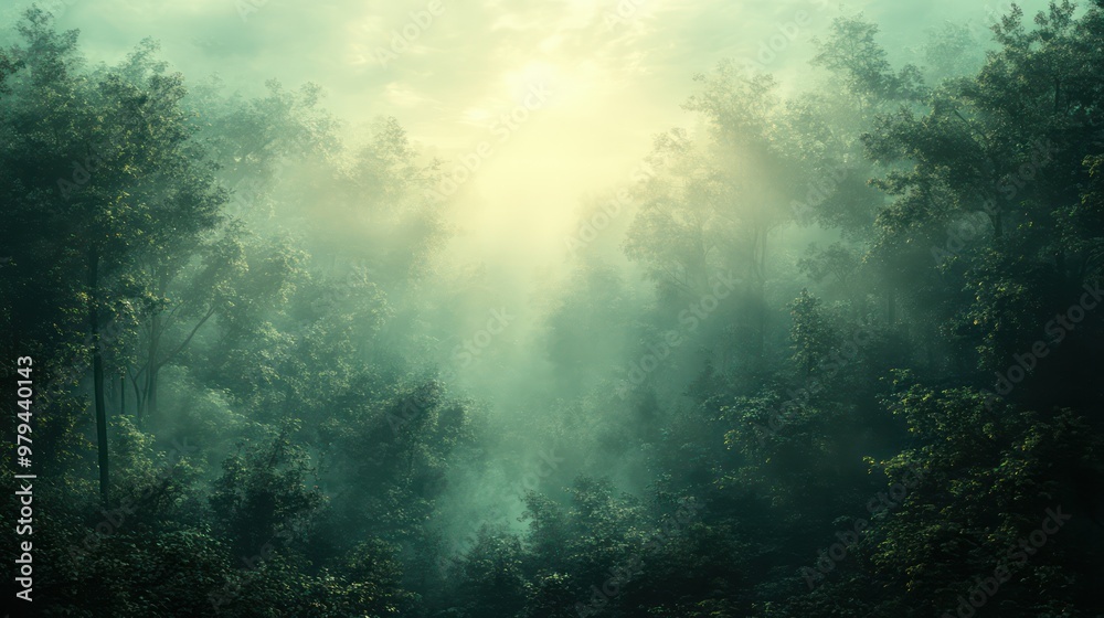Poster A forest with trees and a sun shining through the trees