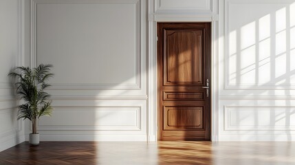 Fototapeta premium An elegant brown wooden door set against pure white walls in a minimalist interior with hardwood flooring, highlighted by soft ambient lighting and architectural details.