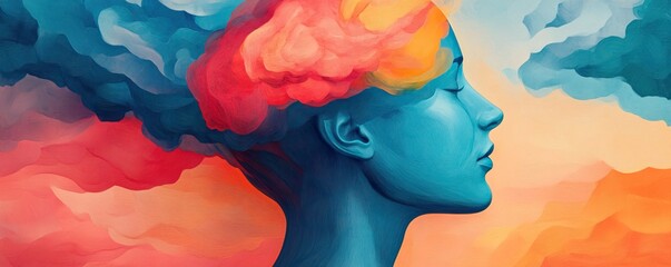 An artistic representation of a serene blue silhouette with vibrant clouds symbolizing thoughts and emotions.